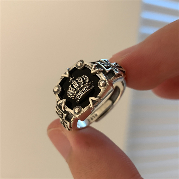 

Europe and America S925 Silver Crown Band Rings Women Retro Fashion Heavy Industry Cross Opening Ring Dark Index Ring AC458