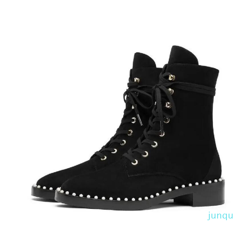

Spain Luxury New Cline boots Womens booties pearl Ankle Ladies Square Heels Shoes Black Lace Up Cow Leather Boots Size 35-40