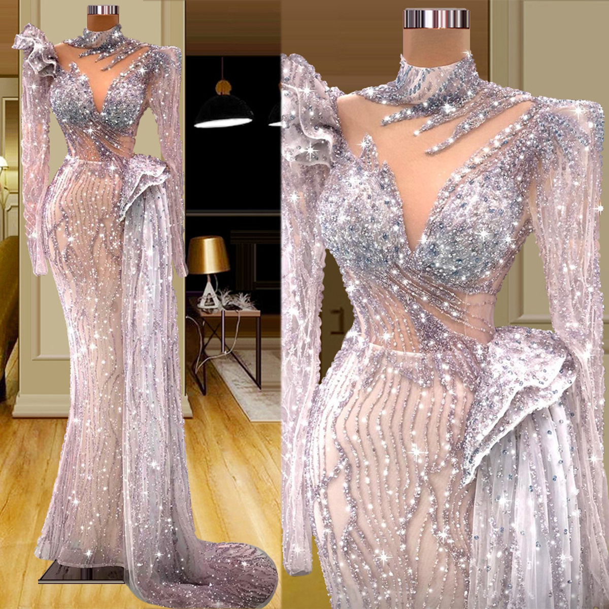 

Sparkling Prom Dresses Long Sleeves Halter V Neck Appliques Sequins Beaded Evening Dresses Lace Floor Length Celebrity Evening Dress Gowns Plus Size Custom Made, Lavender