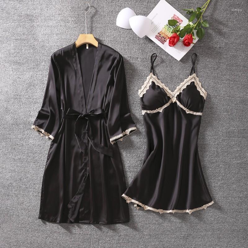 

Women's Sleepwear 2pcs Nighty Bathrobe Gown Sets Sexy Lace V-Neck Kimono Bride Summer Womens Satin Robe With Chest Pads Nightgown, Burgundy set - a