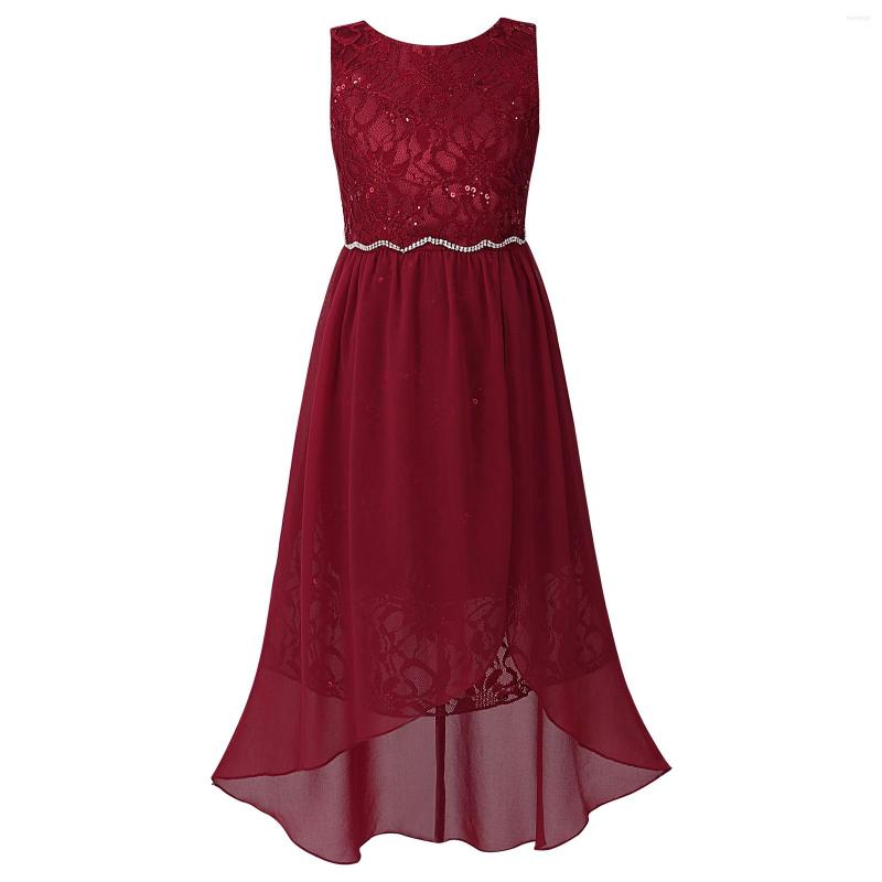 

Girl Dresses Teenager Bridesmaid Dress Kids Girls Sleeveless Irregular Hem Rhinestone Lace Chiffon Princess For Wedding Party, Burgundy