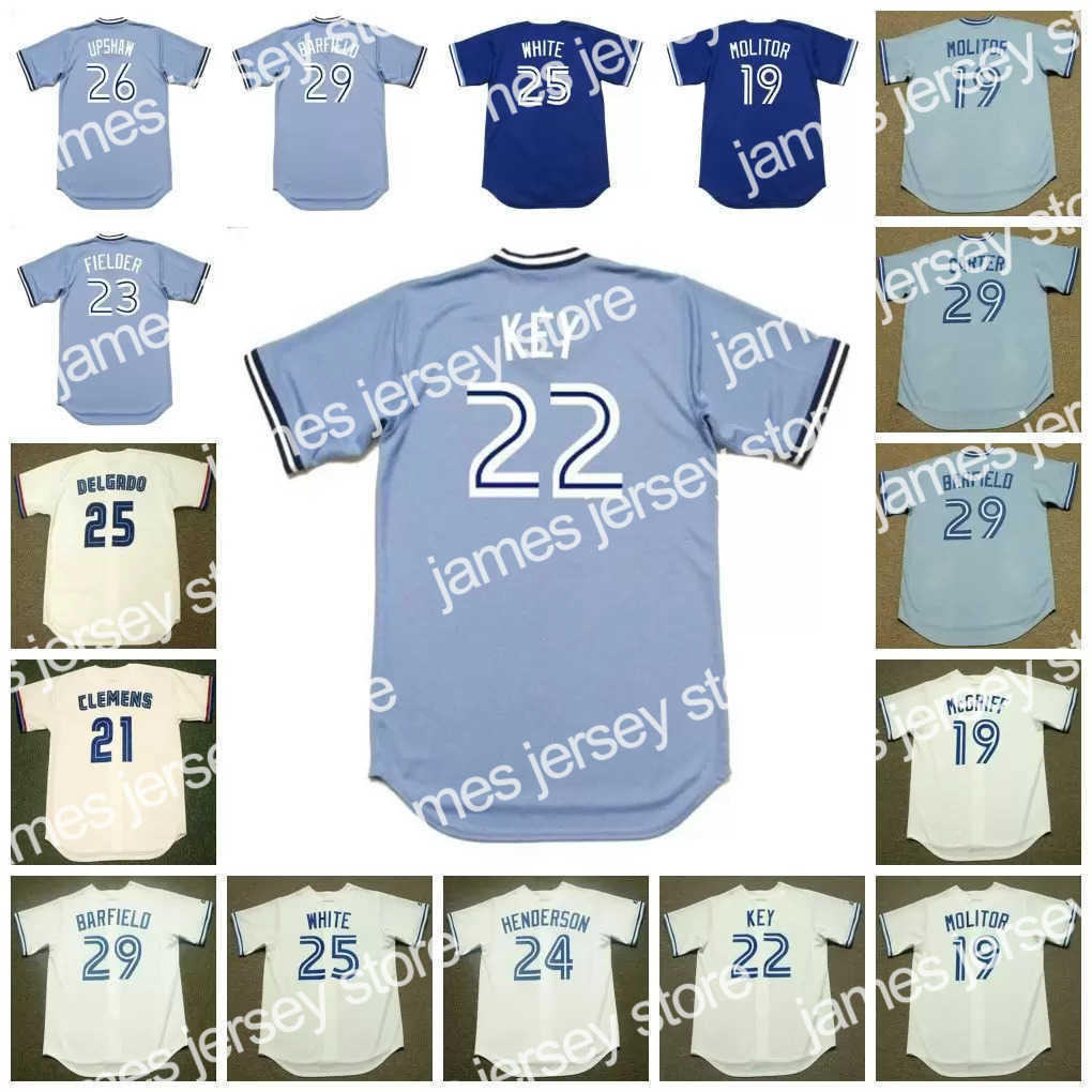 

Baseball Jerseys Toronto Vintage Baseball Jersey 19 FRED McGRIFF 1990 MOLITOR 21 ROGER CLEMENS 1997 22 JIMMY KEY 1987 FIELDER HENDERSON DELGADO WHITE UPSHAW, 26 willie upshaw 1983 blue