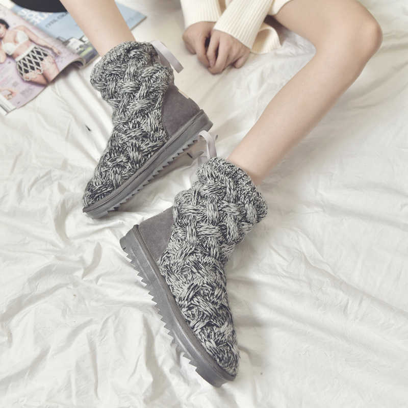 

HBP Boots Snow boots women's creative Korean student's needle knitting wool thickened anti slip winter high tube grey cotton shoes, Gray