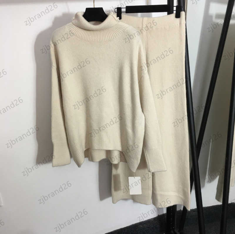 

Brand Womens Two Piece Pant High Collar Irregular Hem Long Sleeves Loose Sweater Tops High-waisted Wide-legged Pants Temperament Gentle Women Clothes 1970
