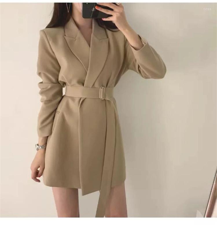 

Women's Suits Women's Long Blazers Jacket With Belt Spring Autumn Female Notched Outerwear Office Lady Coat England Style Cardigan, Beige