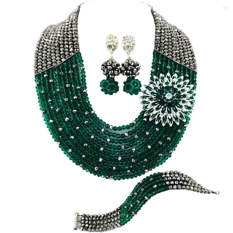 

Necklace Earrings Set Fashion Silver Teal Green Army Nigerian Wedding African Beads Jewelry Crystal Bracelet Sets 10SZ22, Picture shown