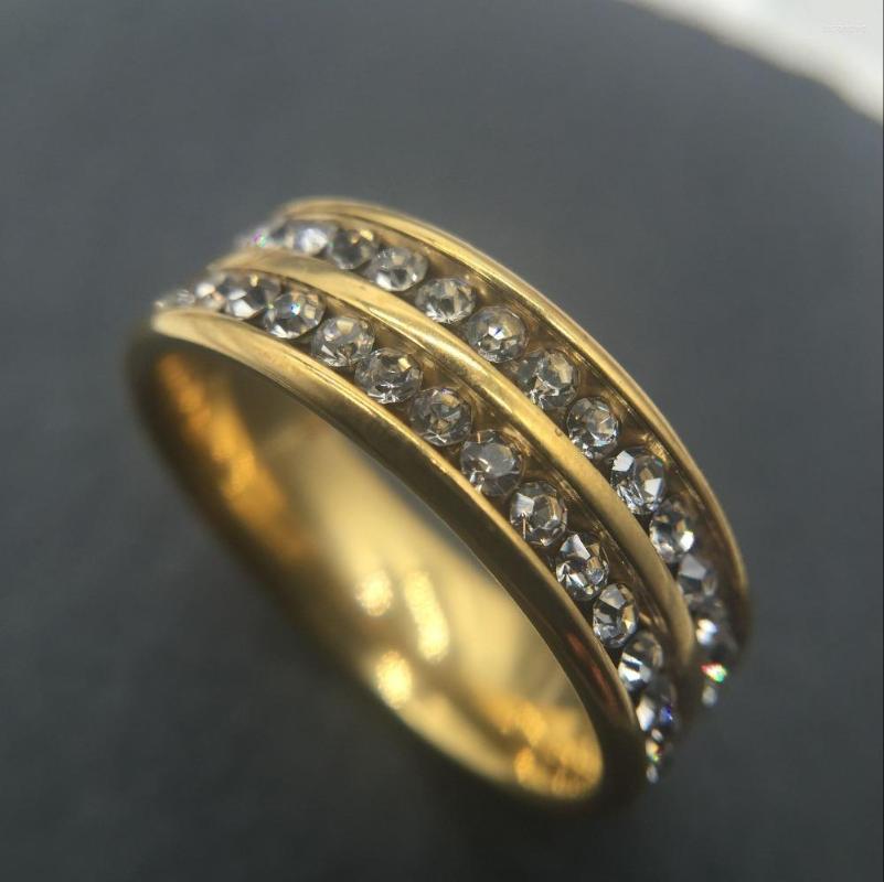 

Wedding Rings High Quality Classic Women Men GOLD Filled Stainless Steel Double Row Rhinestone Anniversary Lady Fashion Jewelry