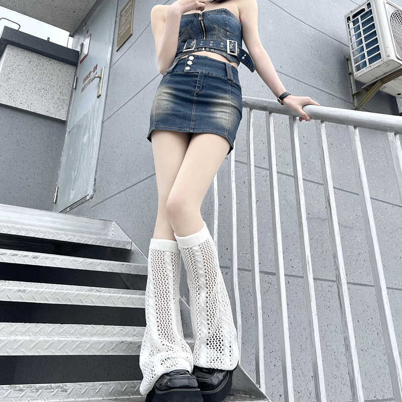 

Socks Hosiery New Summer Japanese Hot Girl Knee Sleeve Warm Leg Cover Harajuku White Hollowed Out Knitted Wide Leg Horn 3 Colors T221107