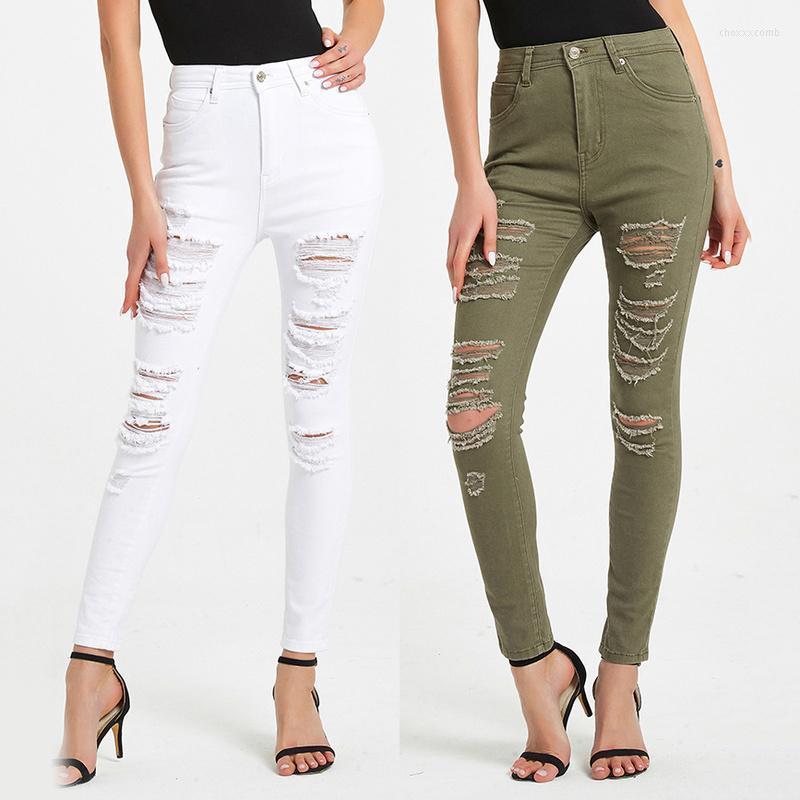 

Women' Jeans Women Skinny Green White Hole Ripped Casual Pants For Womens Clothing Vintage Washed High Waist Denim Trousers1