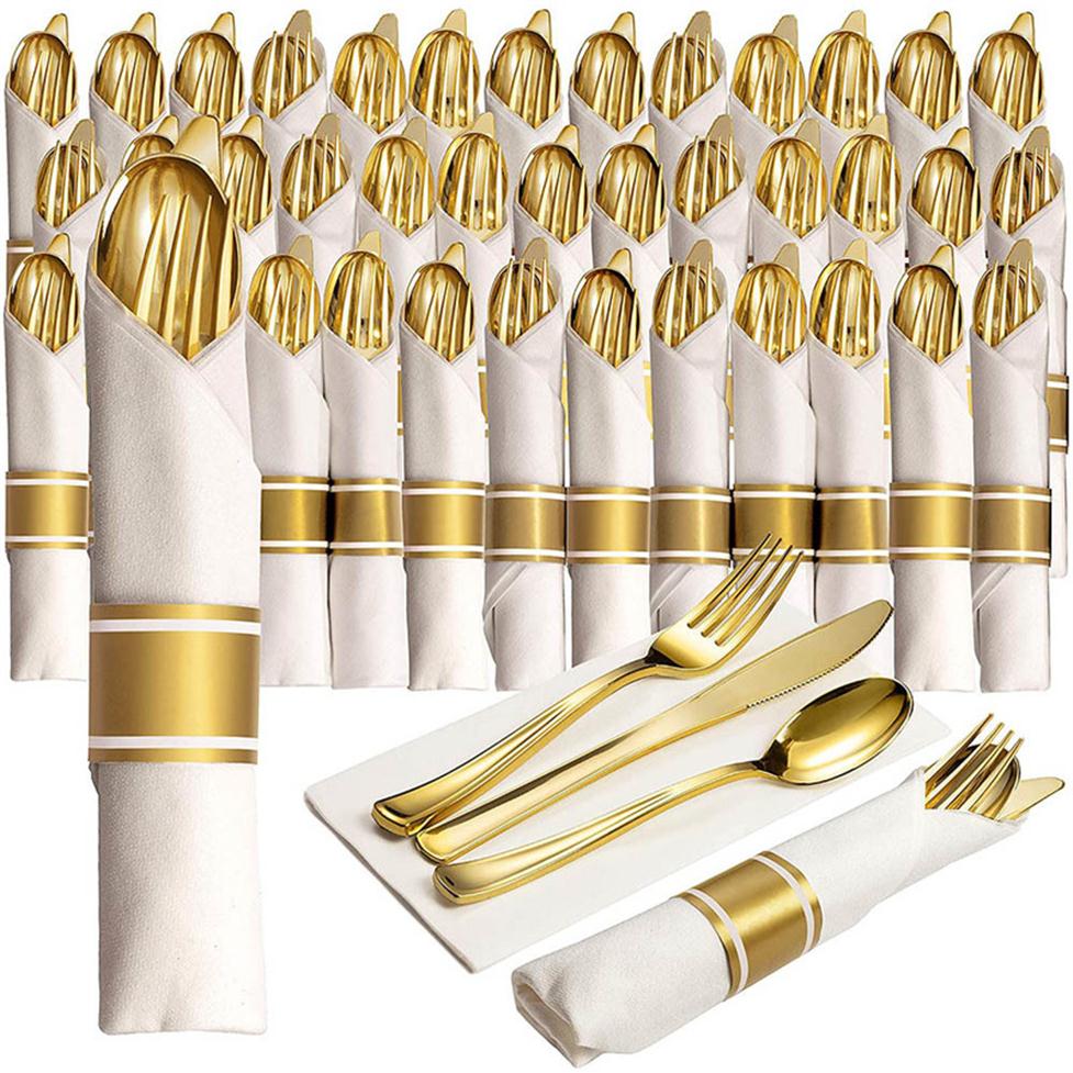 

40 Pieces of Pre-Rolled Golden Plastic Silverware Disposable Cutlery and Napkin Suitable for 10 People Dinner Party Wedding293i