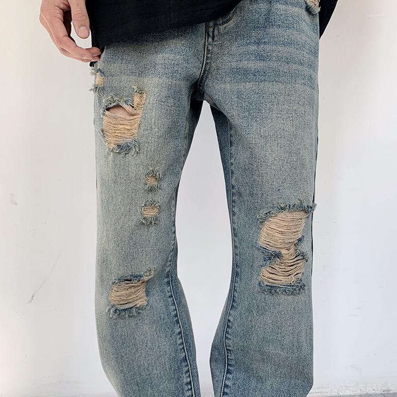 

Men' Jeans 2022 Streetwear Men Worn Washed Straight Pants Casual Loose Boys Ripped For Denim Full Length Trousers, Retro blue