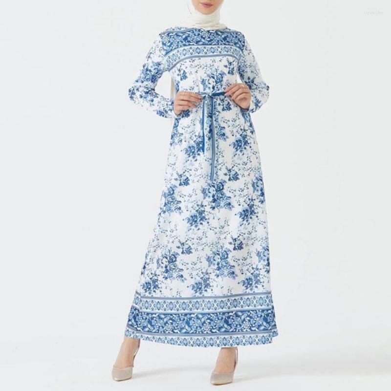 

Ethnic Clothing Elegant Fashion Floral Dresses For Women Eid 2022 Round Collar Long Sleeve Swing Slim Waist Printed Muslim African Clothes