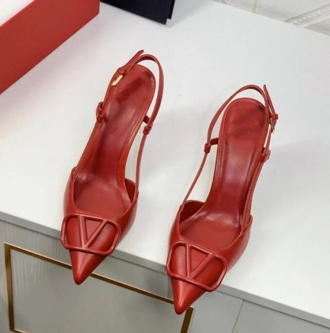 

Sandals Metal V Buckle High Heel Shoes Pointed Toe Genuine Leather Thin Heels 4cm 6cm 8cm 10cm Summer Classics Women Red Wedding Shoes with Box 34-44, Blue