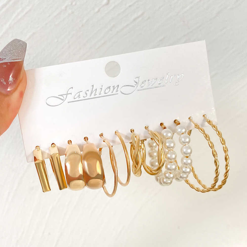 

Geometric Charm earring set combination ins fashionable creative metal pearl earrings 6-piece