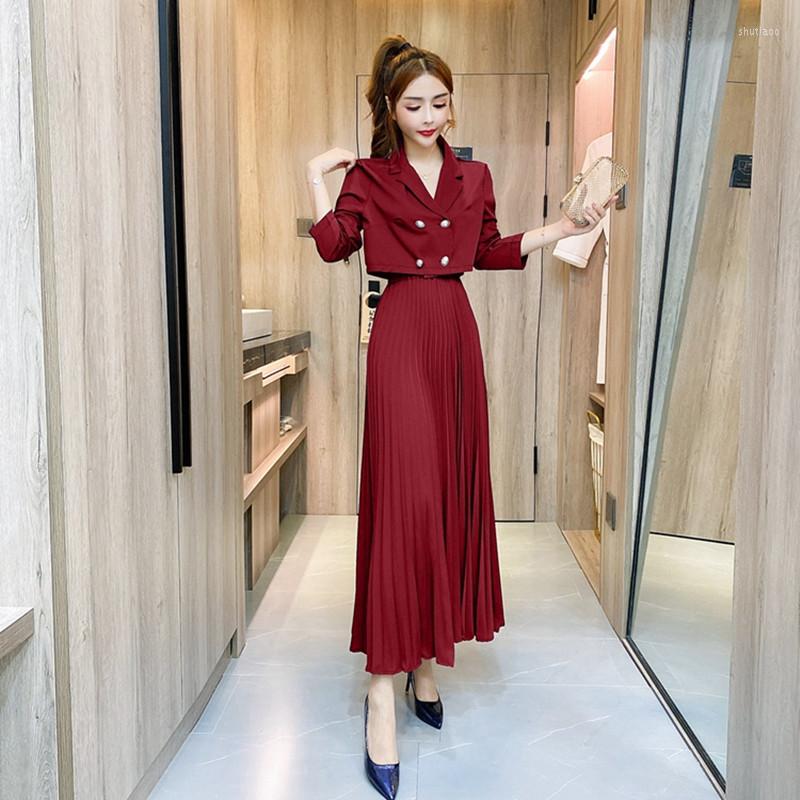 

Work Dresses 2pcs Tweed Women Dress Suit Set Lady England Preppy Style Short Blazer Top High Waist A-Line Pleated Skirt, Blue