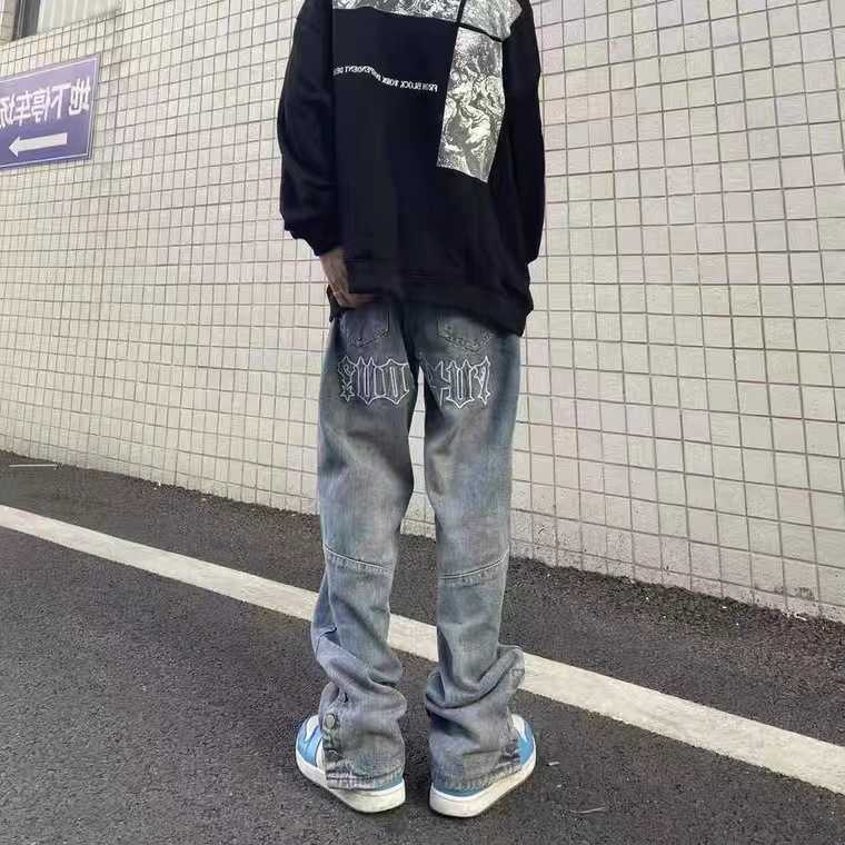 

Fog Jeans Fashion Pants Men' High Street Letter Embroidery Men Vibe Style Hip Hop Straight Button Long Justi Biber Ripped Slim Fit, Blue