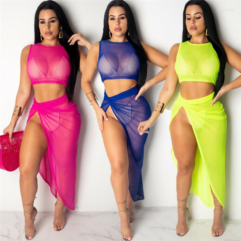 

Work Dresses Fashion Neon Green Tracksuit Women Cover Ups Sleeveless Vest Tops And Ruffles Mesh Sheer Skirts Bodycon Two Piece Outfits