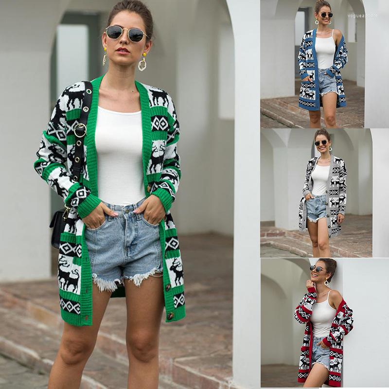 

Women' Knits 2022 V-Neck Loose Single-Breasted Sweater Christmas Deer Cardigan Long-Sleeved Mid-Length Coat, Green