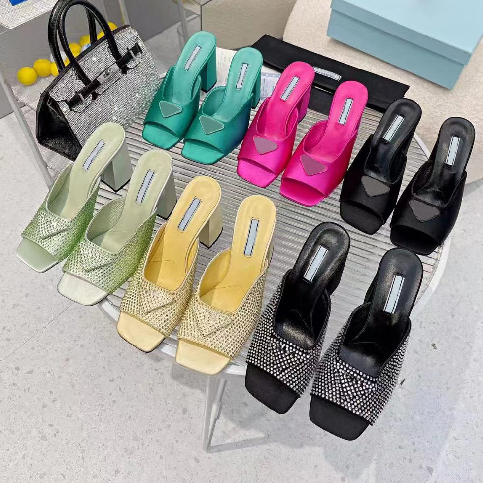 

Triangle Water Diamond Slippers shoes Coarse Heels Women's Dress Shoes Silk Slippery Fabric Rose Red Black Green Party Wedding Luxury Designer FactoryShoes