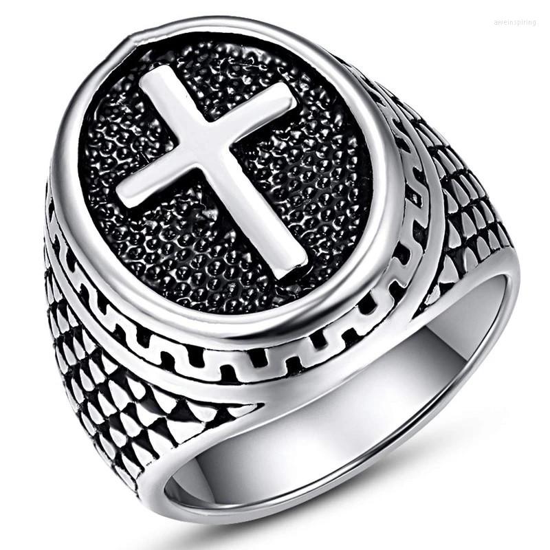 

Wedding Rings JQUEEN Vintage Men's Ring Stainless Steel Oval Signet With Cross Pattern Black Party Birthday Anniversary