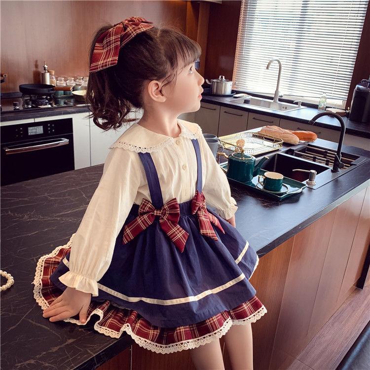 

Girl Dresses Kids Bowknot Princess Dress For Girls Spring Clothes Children's Korean College Style Long Sleeve Cute Cotton Party, 2pcs
