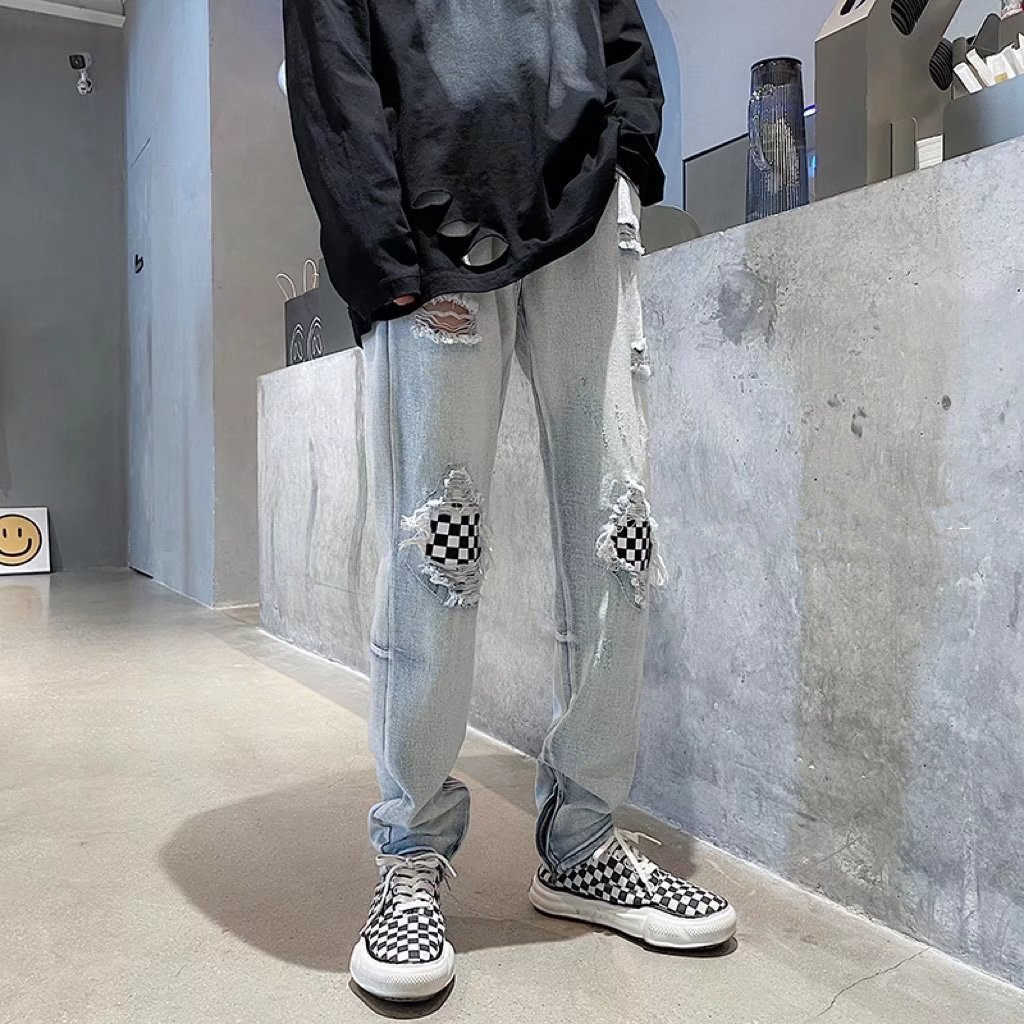 

Fashion Jeans Men' Pants Fog Plaid Patch Men Slim Straight High Street Trousers Holes Hip Hop Beggar Justi Biber Ripped Fit Designer, Light blue