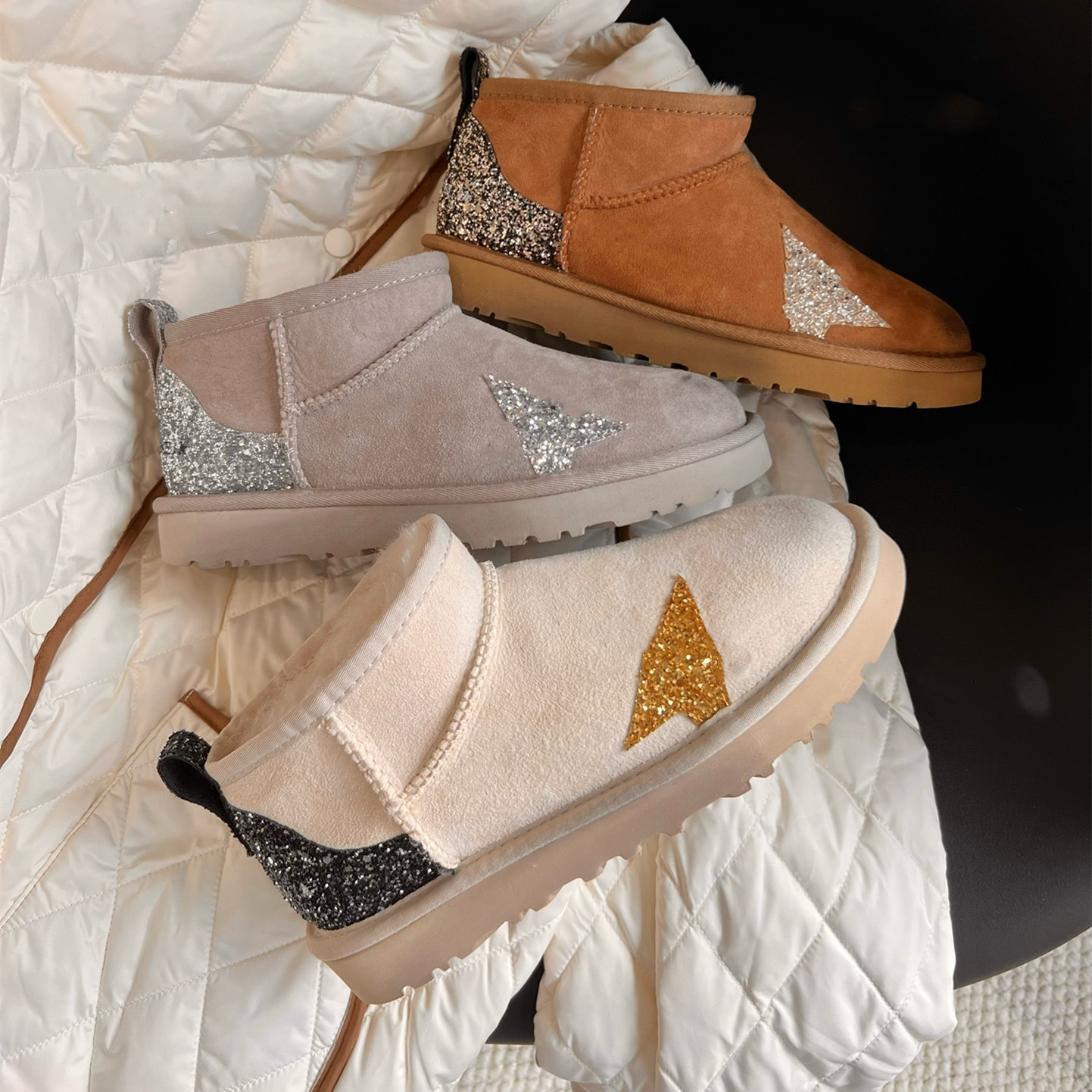 

Distressed Dirty Look Suede Leather Boots Designers Winter Warm Women's Fur Shearling Lined Short Ankle booties Wool Fluff Furry Boot Glitter Shinny Shoes Sneaker, Ggdbx11072