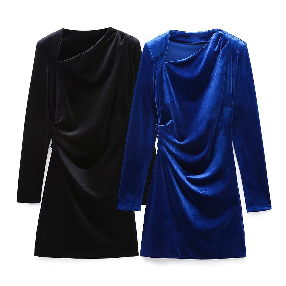

Spring and Autumn New Women's Dress Long Sleeve with Shoulder Cushion Pleated Trim Wrap Hip Asymmetrical Velvet Mini Dress 2731308, Black