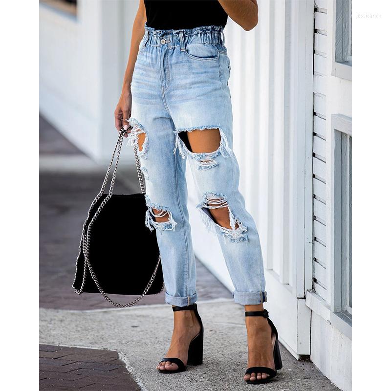 

Women' Jeans Women' Mid Waist Straight 2022 Summer Street Hipster Elastic Casual Ripped Pants Female Fashion Wild Trousers, Blue