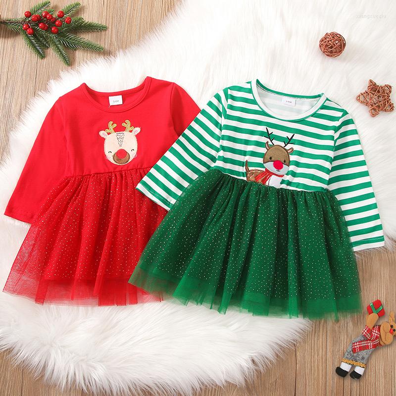 

Girl Dresses Christmas Style Baby Party Dress Long Sleeved Cartoon Deer Mesh Splicing Kids Princess Year Children Clothes, Lyq1401r red
