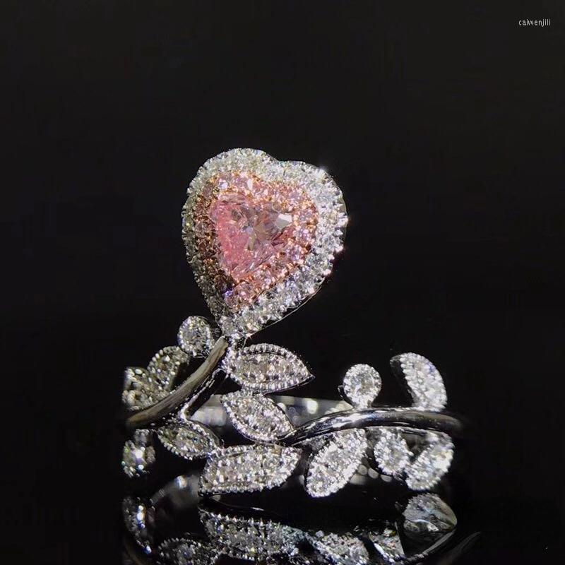 

Cluster Rings Cute Bling Pink Heart Stone Silver Color Adjustable Leaf Ring For Women Fashion Jewelry Wedding Engagement 2022 Trend