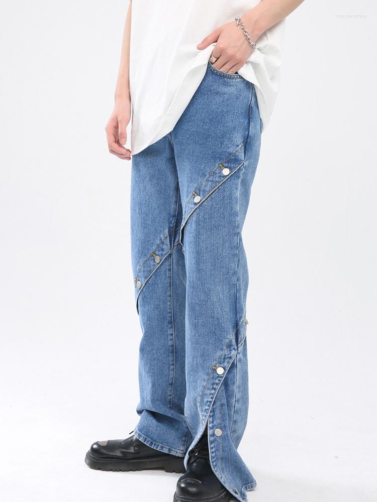 

Men' Jeans Metal Men' Wear Button Design Personalized Split 2023 Solid Color Vintage Fashion Male Trousers 2A5132, Blue