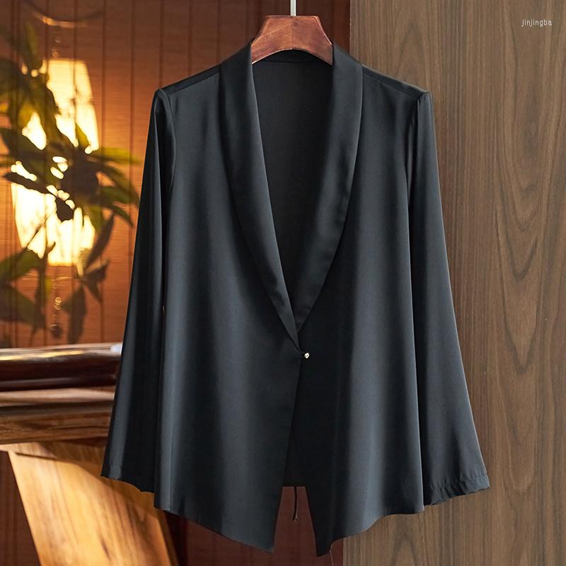 

Women' Suits Spring Autumn Women' Blazer Elegant Fashion Notched Collar Long Sleeve Woman Blazers Coats Real Silk Women Suit Coat, Black