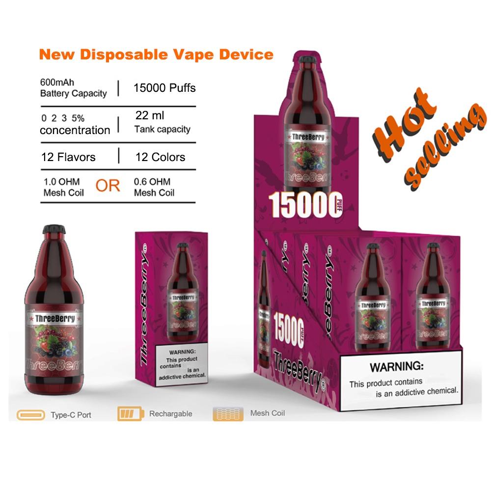 

new disposable vape threeberry bottle 15000 puffs 12 flavors e cigarette mesh coil vapes 5% 2% prefilled 22ml pod rechargeable battery 12 colors vapor pen original