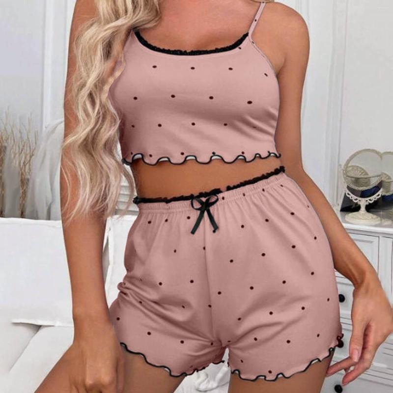 

Women's Sleepwear Women's 2 Pieces Kawaii Pink Dots Print Frill Hem Cami Pajama Set Milk Ice Silk Femme Cute Crop Top & Shorts Suit, 2-dark blue
