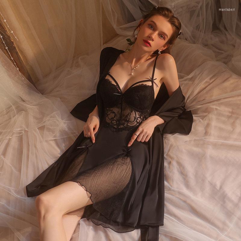 

Women's Sleepwear Jxgarb Faux Silk Women 2Pieces Robe Gown Pijamas Sets Lace Mini Length V Neck Thin Transparent Female Pyjamas Costume, Pink set