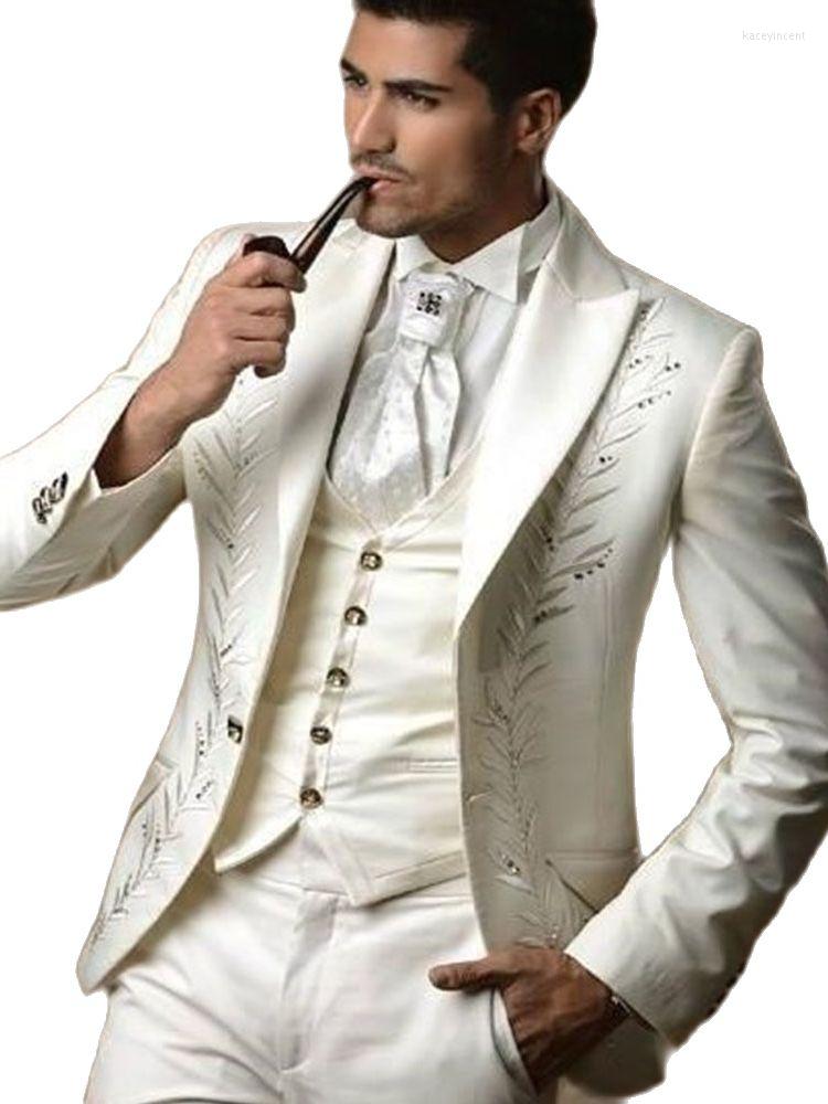 

Men's Suits Ivory Men Stand-up Collar Embroidry Formal Wedding Wear Evening Prom Blazer Jacket Pants Vest Custom Made Male, Picture shown