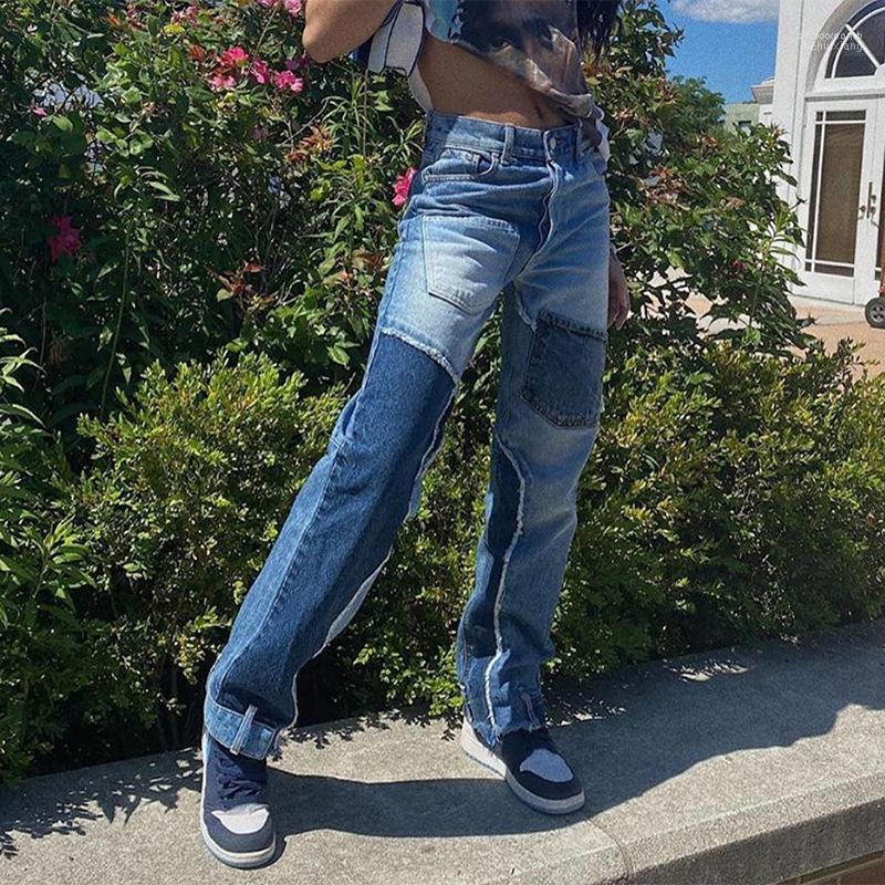

Women' Jeans Zoulv Autumn Personality Street Stitching Multi-pocket Straight Patchwork Cool Beggar Features Retro Hip Hop Denim Pants, Blue