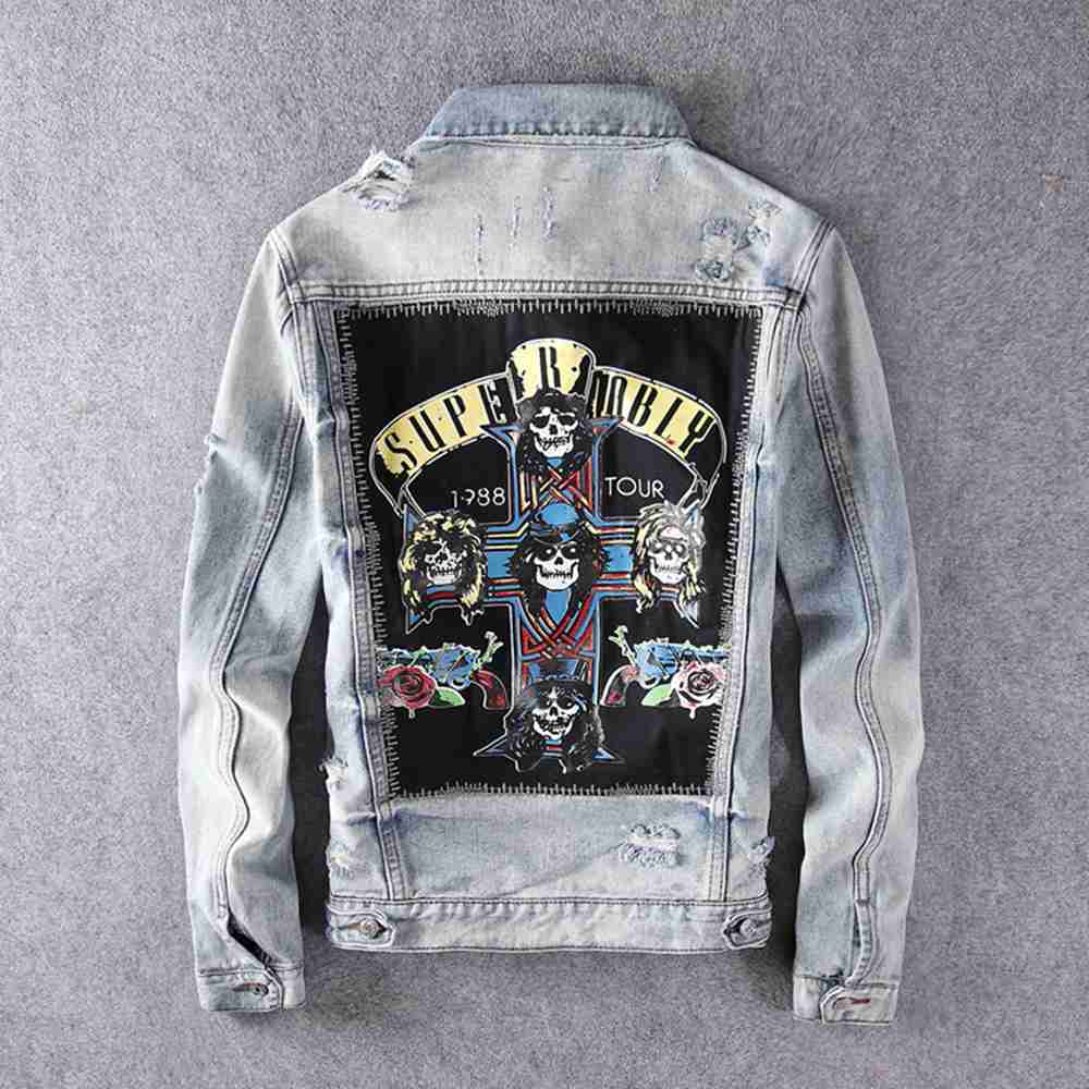 

Men's Hoodies & Sweatshirts Fleece Harajuku Casual Rocker GNR Stamp Washed Destroy Fades Vintage Indigo Blue Denim Jacket Rock Sweatshirt Guns N Roses Streetwear, Beige