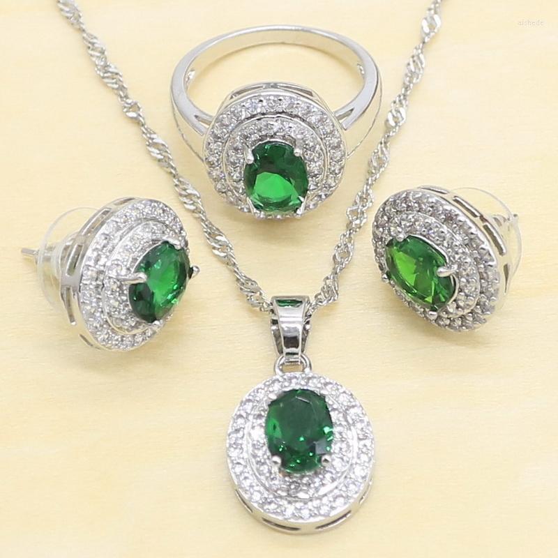 

Necklace Earrings Set Oval Green Stone Silver Color For Women Stud Pendant Rings Free Gift Box, Picture shown