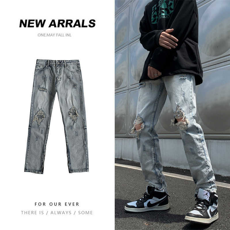 

Fashion Men' Fog Pants Jeans Men High Street Hole Loose Straight Long Justi Biber Ripped Hip Hop Slim Fit Designer Luxury Elastic Y2K, Blue