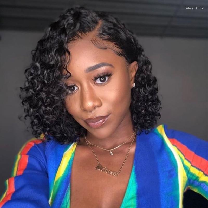 

4x4 Lace Closure Deep Wave Curly Bob Wig Brazilian Natural Black Water Short Human Hair Wigs For Women With Baby, Picture shown