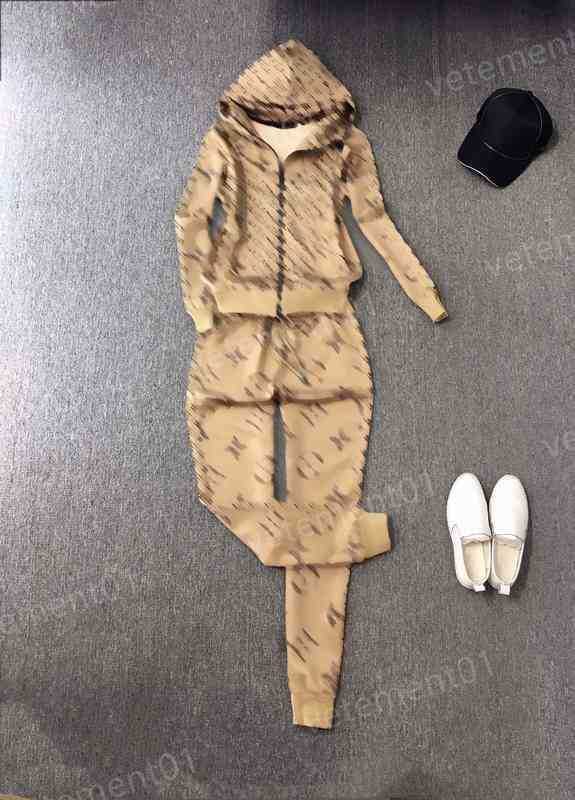 

Womens Two Piece Pants Khaki Full-length Logo-print Designer Hooded Jacket With Brand Pants 2 Piece Sets Luxury Designer Tracksuits