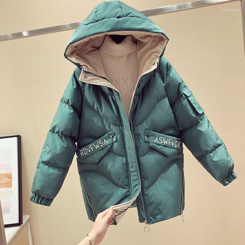

Women's Down Women Hooded Cotton Jacket Winter Long Sleeve Zipper Pockets Solid Loose Office Lady Thick Warm Parka Clothes Ropa De Mujer, Black