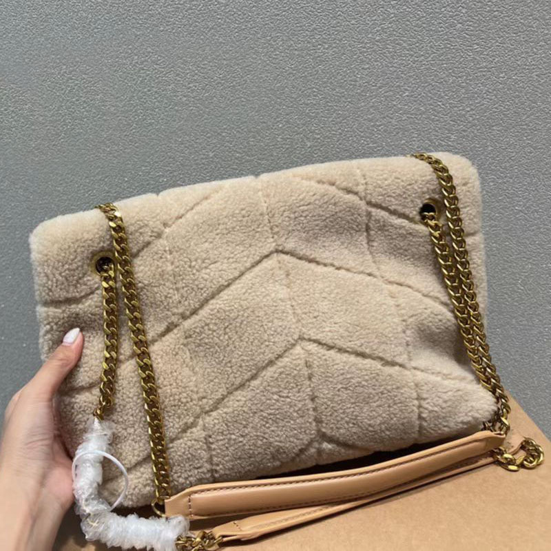 

Evening Bags Messenger Bag Sherpa Fur Handbag Teddy Plush Crossbody Shoulder Bags Genuine Leather Fashion Letter Gold Chain Flap Puffer, Cream