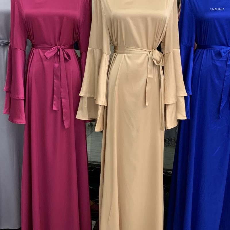 

Ethnic Clothing 2022 Ramadan Eid Women Maxi Dress Double Layer Flare Long Sleeve Abaya Muslim Kaftan Belted Solid Color Satin Robe Party