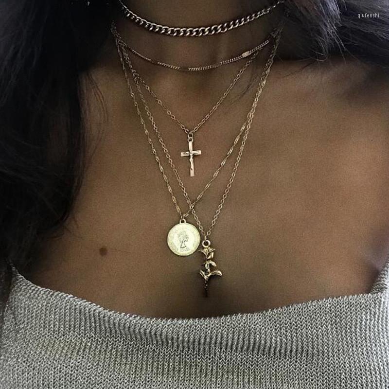 

Choker Trendy Fashion Cross Coin Rose Multi Layer Necklace Woman Flower Collar Layered Pendants Necklaces For Summer Beach
