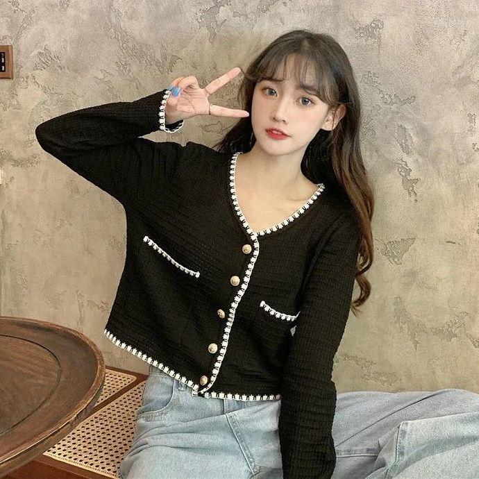 

Women' Knits Woman Sweaters Cardigan Autumn And Winter Contrast Color V-neck Hemming Loose Long Sleeve Knitted Top Women, Black