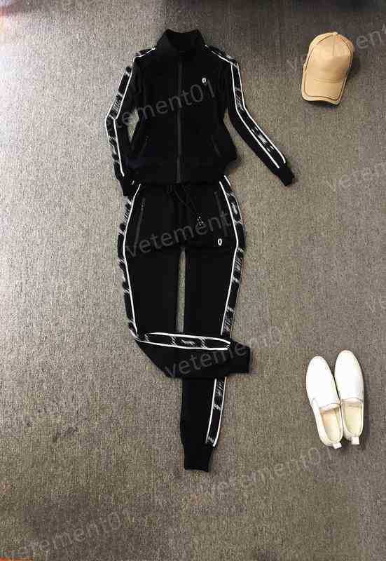 

Womens Two Piece Pants Classic Streetwear Label Black Webbing Zip-up Jacket With Black Track Pants 2 Piece Sets Luxury Designer Tracksuits