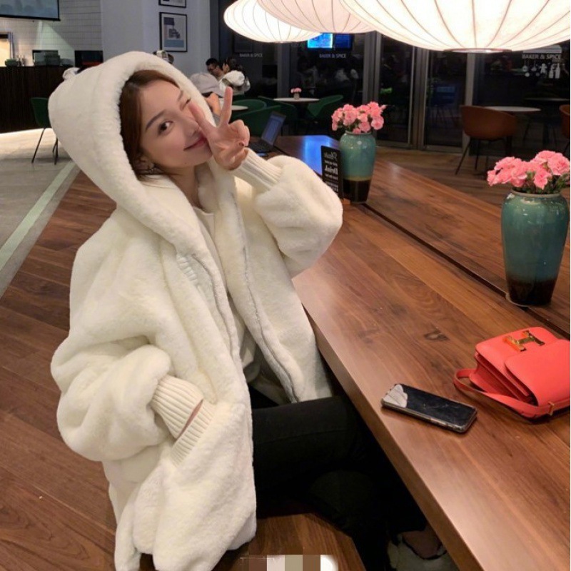 

Autumn and winter 2022 new lamb Fur & Faux Fur imitation rabbit hooded coat, White
